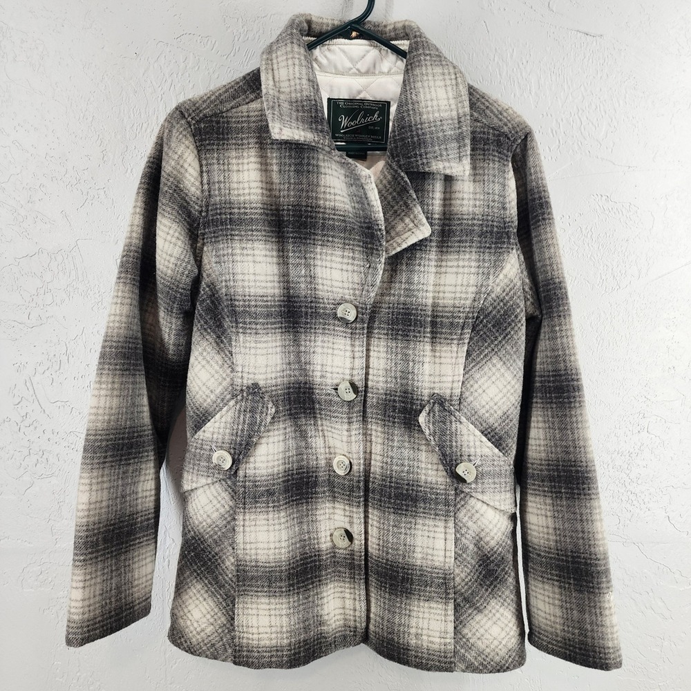 Woolrich Winter White Gray Plaid Wool Blend Quilted Lined Pea Coat Jacket MED